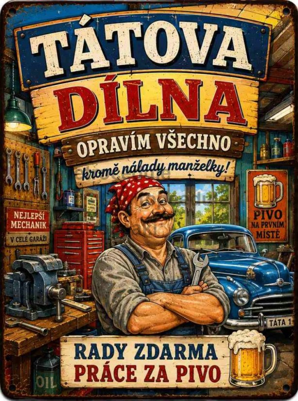 Plechová cedule Tátova Dílna - opraví všechno kromě nálady manželky!