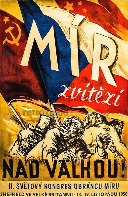 Plechová ceduľa Mír zvítězí nad Válkou!