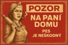 Plechová ceduľa Pozor na pani domu - Pes je neškodný