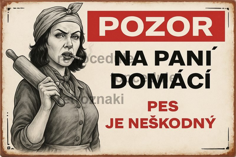 Ceduľa Pozor na pani domácí - Pes je neškodný