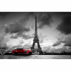 Effel Tower, Paris, France and retro red car. Black and white
