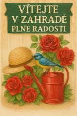 Plechová ceduľa Vítejte v záhradě plně radosti