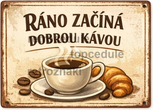 Plechová cedule Ráno začína dobrou kávou Plechová cedule Ráno začína dobrou kávou
