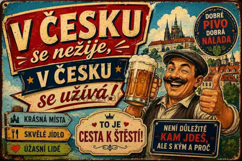 Plechová ceduľa V Česku se nežije, v Česku se užívá!
