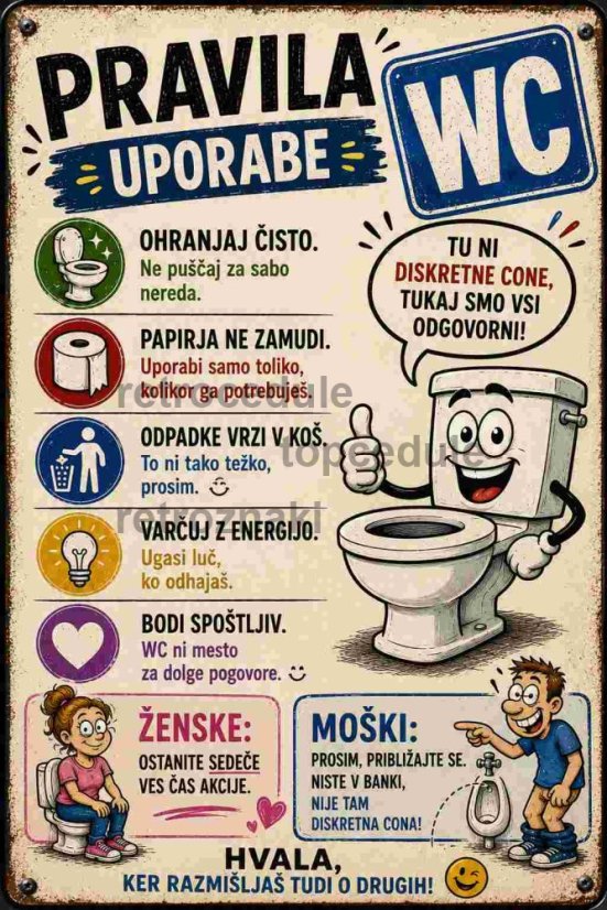 Pločevinasti znak Pravidla Uporade WC