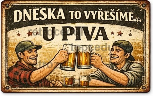 Plechová cedule Dneska to vyřešíme ... U piva