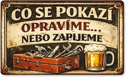 Plechová cedule Co se pokazí opravíme ... Nebo Zapijeme