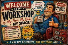 Plechová ceduľa Welcome to my Workshop - My space!