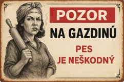 Plechová cedule Pozor na gazdinú - pes je neškodný