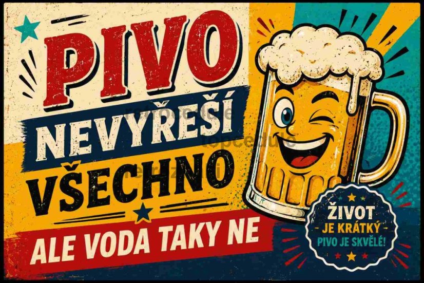 Plechová ceduľa Pivo nevyřeší všechno ale voda taky ne