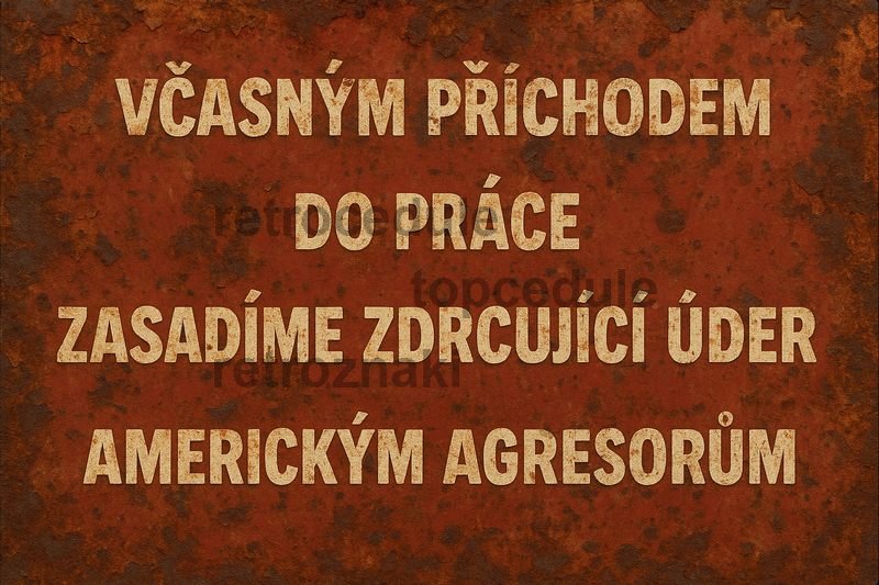 Plechová ceduľa Včasným příchodem do práce zasadíme zdrvující úder americkým agresorům