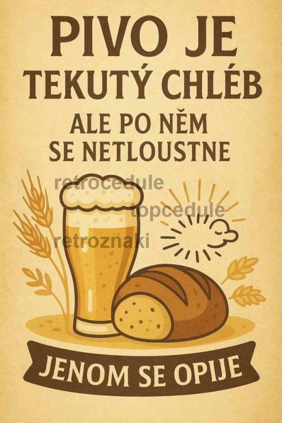 Plechová cedule Pivo je tekutý chléb, ale po něm se netloustne Plechová cedule Pivo je tekutý chléb, ale po něm se netloustne