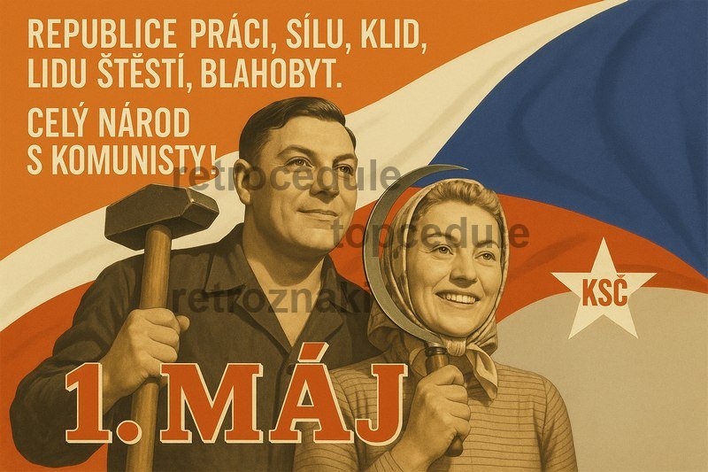 Ceduľa 1. Máj - Republice práci, sílu, klid, lidu štěstí, blahobyt.